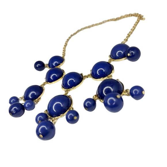 Navy Blue Cabochon Chandelier Statement Necklace 22” Bubbles Runway Gold Tone - Picture 11 of 16